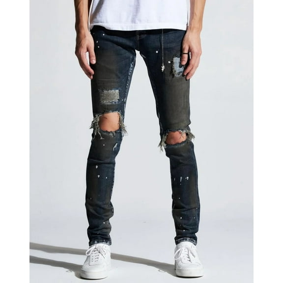 En Noir Men's Paint Splatter Rip & Repair Distressed Skinny Fit Denim Jeans (40, Dark Indigo)