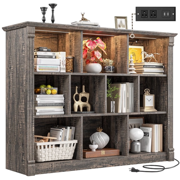 EnHomee 10 Cube Storage Organizer with LED Light and Charging Station, Wood Bookshelf for Living Room, Bedroom, Office，Black Oak