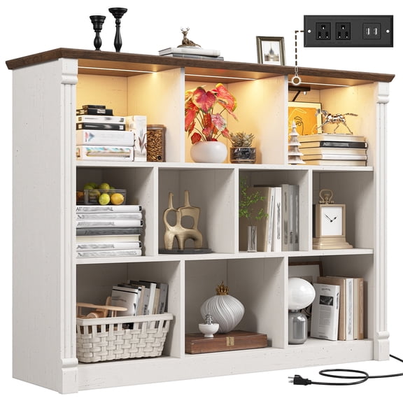 EnHomee 10 Cube Storage Organizer with LED Light and Charging Station,Wood Bookshelf for Living Room, Bedroom, Office，White