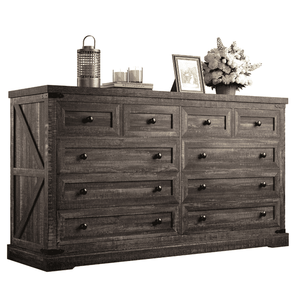 EnHomee 10 Drawers Wood Dresser for Bedroom Furniture 55" Wide Dressers & Chests of Drawers with 10 Deep Drawers, Dark Rustic Oak