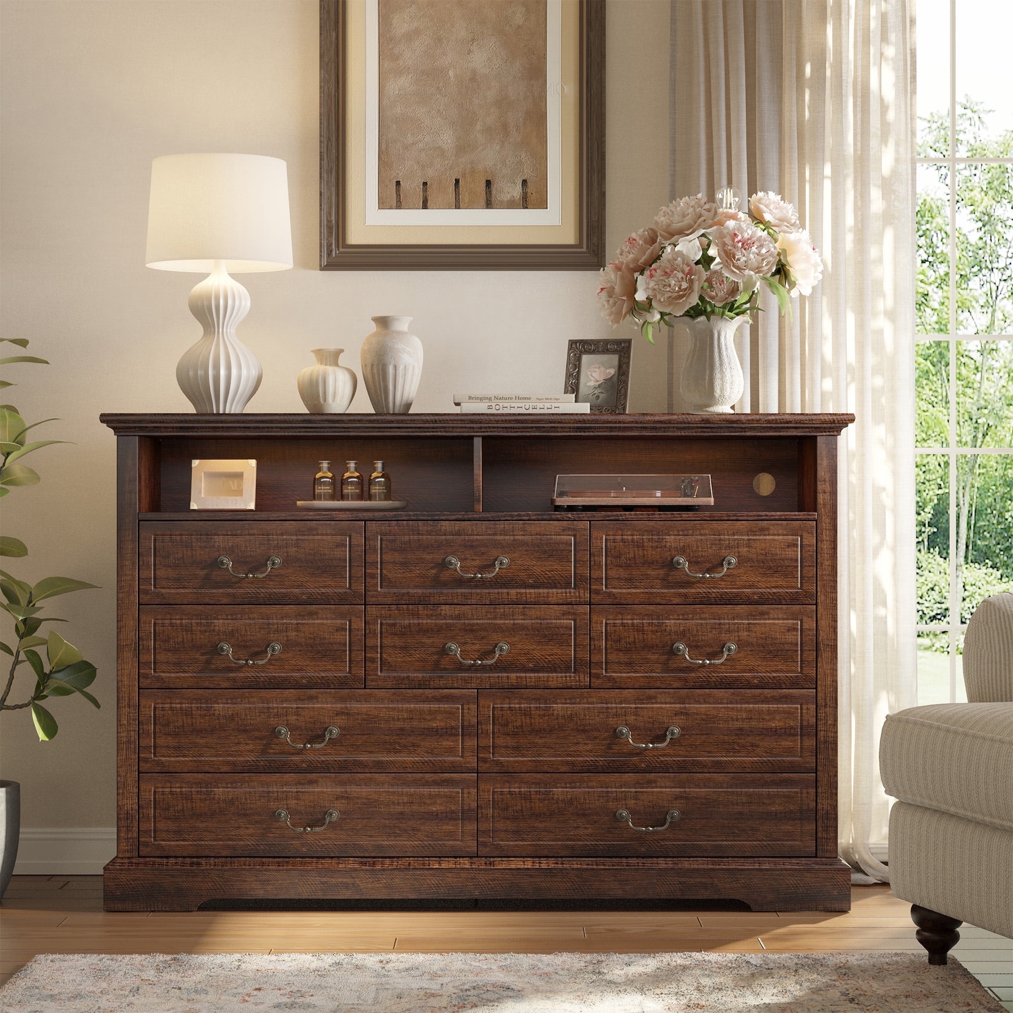 10 Drawers Wood Dresser with LED Lights&Charging Station for Bedroom ...