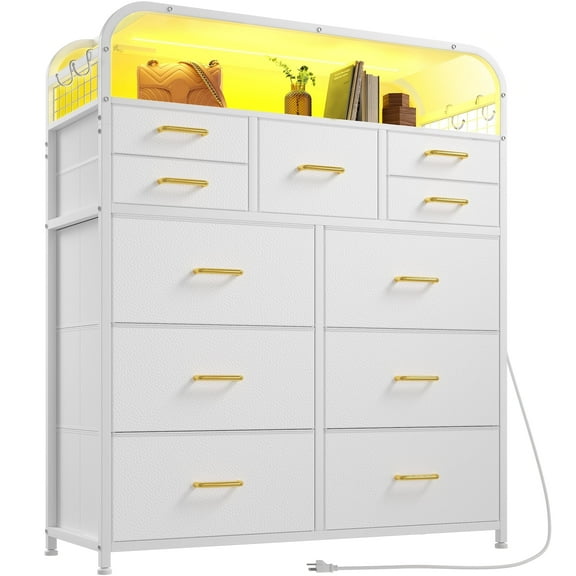 EnHomee 11 Drawers Dresser for Bedroom Chest of Drawers LED Lights&Power Outlet,White