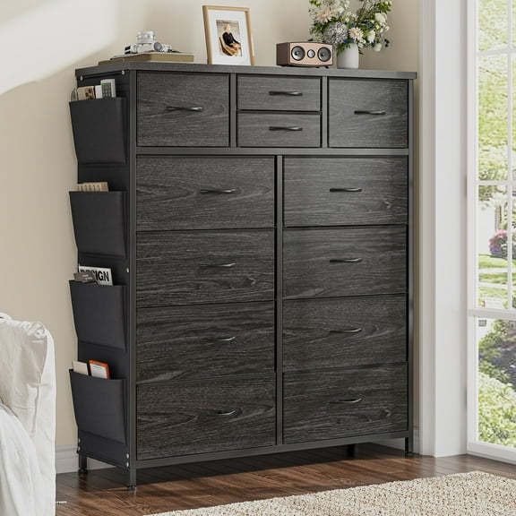 EnHomee 12 Drawers Dressers for Bedroom Tall Dresser&Chests of Drawers with Side Pockets, Fabric Dresser Storage Organizer,Black