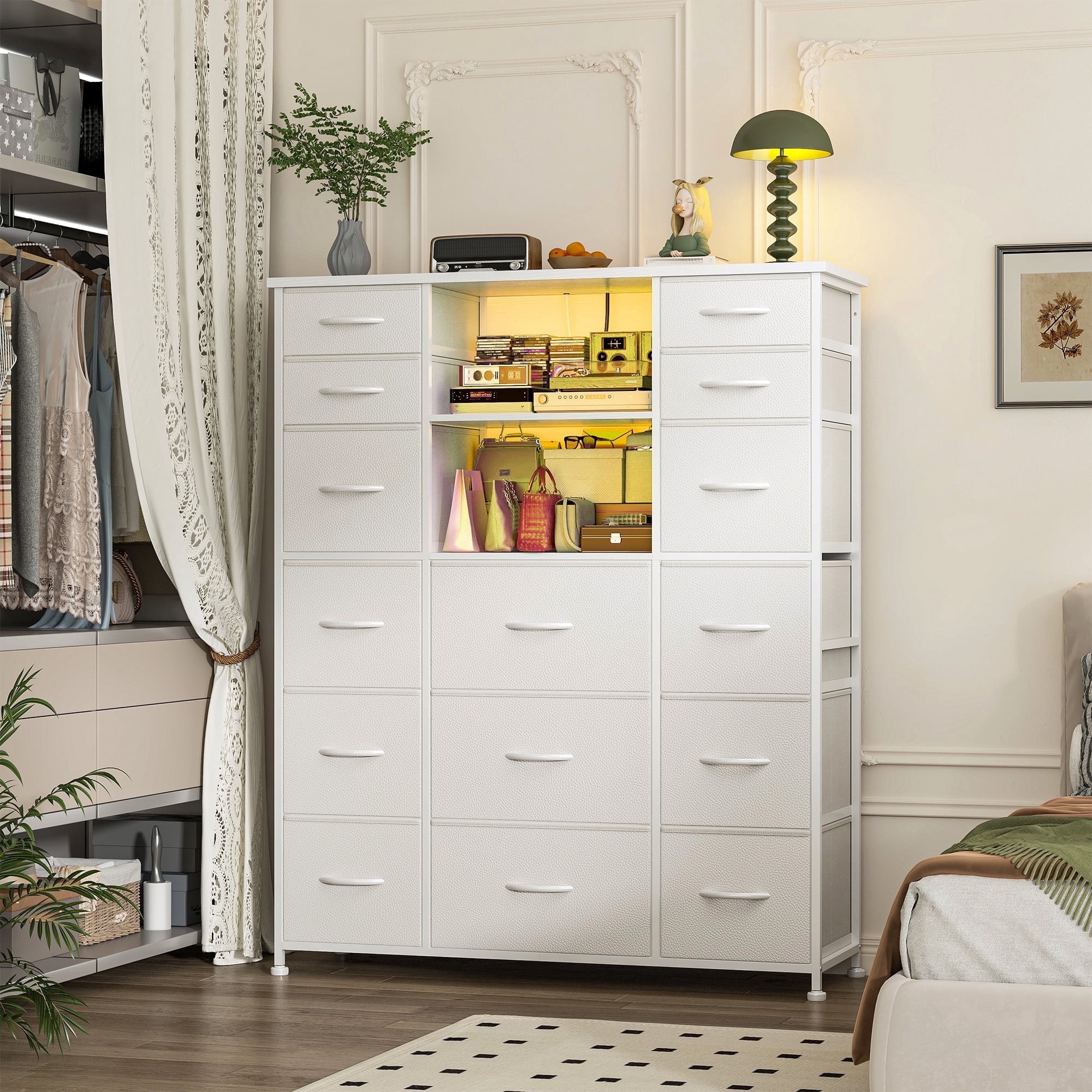 EnHomee 15 Drawer White Dressers for Bedroom with LED Lights Power Outlet Tall Dressers&Chest of Drawers,39"L x 12"W x 51"H