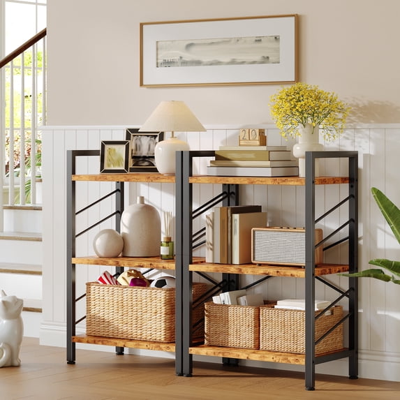 EnHomee 2 Pieces 3-Tier Industrial Bookcase with Metal Frame & Side Support, Rustic Brown Compact Bookshelf for Bedroom, Home Office, Living Room Storage