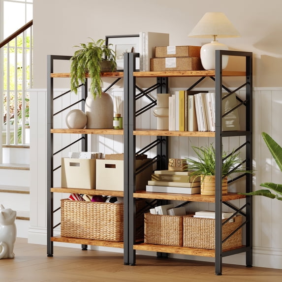 EnHomee 2 Pieces 4-Tier Industrial Bookcase with Metal Frame & Side Support, Compact Bookshelf for Bedroom, Home Office, Living Room Storage,Rustic Brown