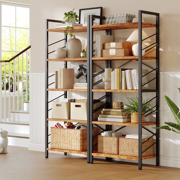 EnHomee 2 Pieces 5-Tier Industrial Bookcase with Metal Frame & Side Support,Compact Bookshelf for Bedroom, Home Office, Living Room Storage,Rustic Brown