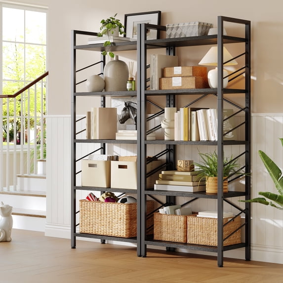 EnHomee 2 Pieces 5-Tier Industrial Bookcase with Metal Frame & Side Support,Compact Bookshelf for Bedroom, Home Office, Living Room Storage,Black
