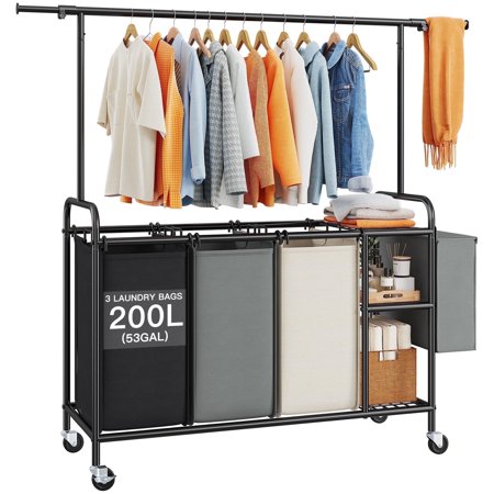 EnHomee 200L Laundry Sorter Cart Rolling Laundry Hamper with Shelves and Hanging Bar Clothes Hamper Organizer for Laundry Room