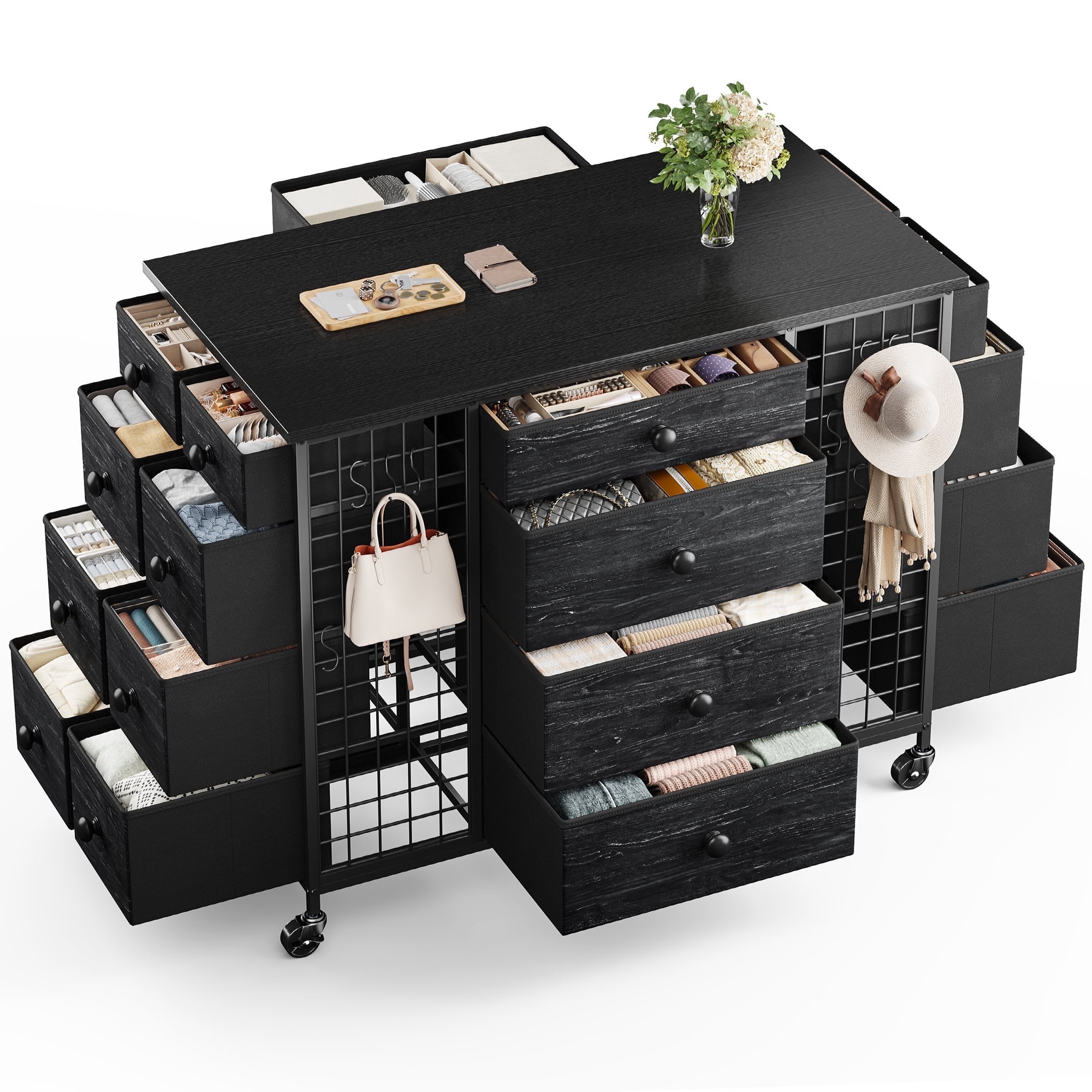 EnHomee 24 Drawers Dressers for Bedroom Closet Dresser Fabric Drawers with Wheels,Black
