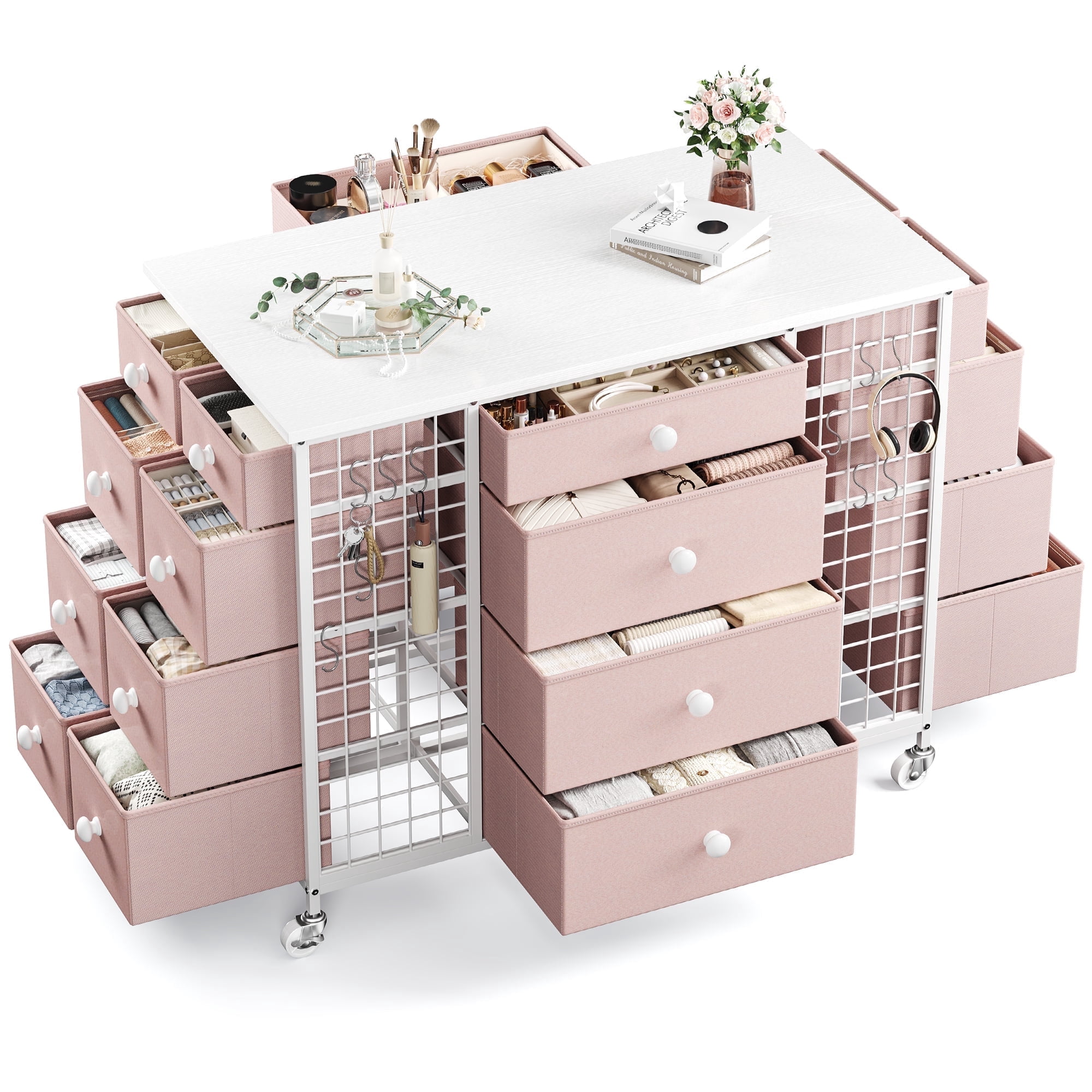EnHomee 24 Drawers Dressers for Bedroom with Wheels Closet Dresser Fabric Drawers,Pink