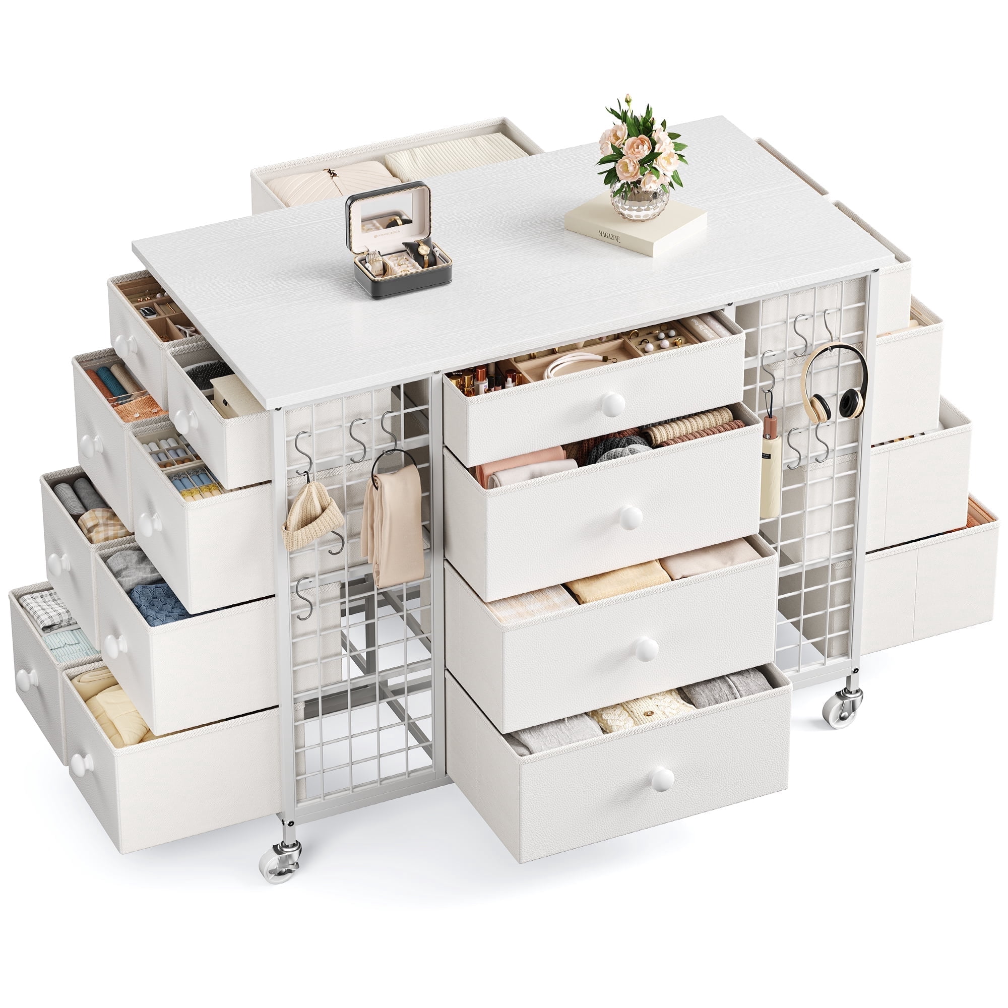 EnHomee 24 Drawers White Dressers for Bedroom Closet Dresser Fabric Drawers with Wheels