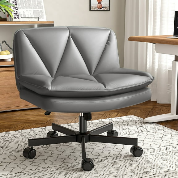 EnHomee 27" W Chair Criss Cross Legged Office Chair Armless Adjustable Desk Chair with Wheels, Wide Seat, and 2-Layer Cushion, Grey