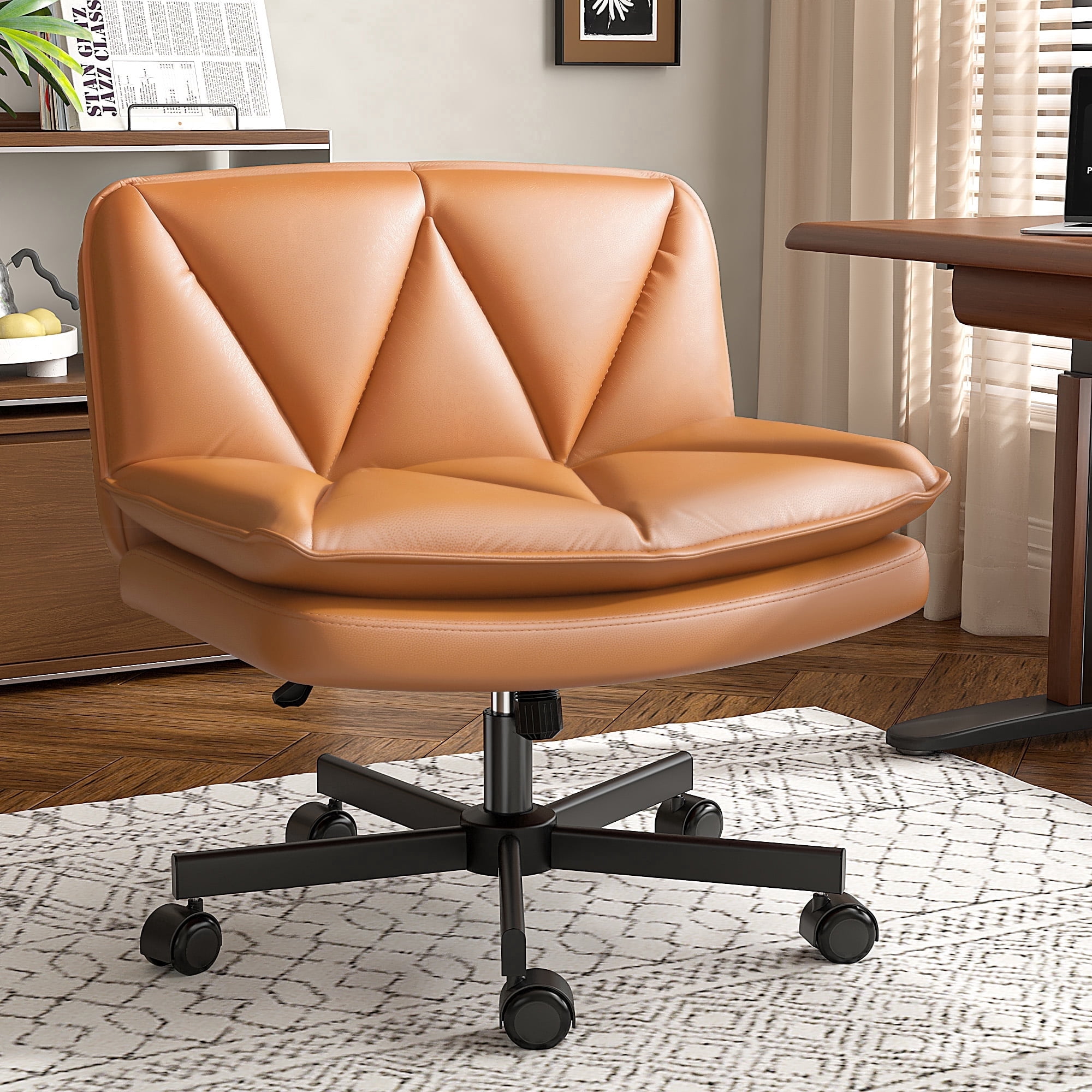 Romorgniz 27" W Chair Criss Cross Legged Office Chair Armless Adjustable Desk Chair with Wheels, Wide Seat, and 2-Layer Cushion, Orange
