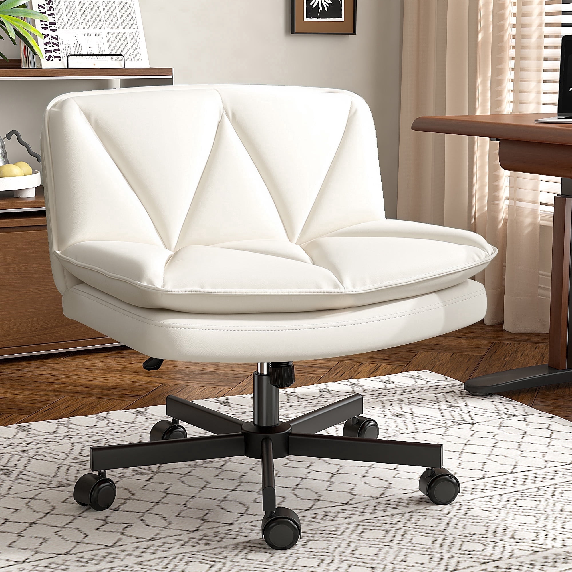 EnHomee 27" W Chair Criss Cross Legged Office Chair Armless Adjustable Desk Chair with Wheels, Wide Seat, and 2-Layer Cushions, Beige