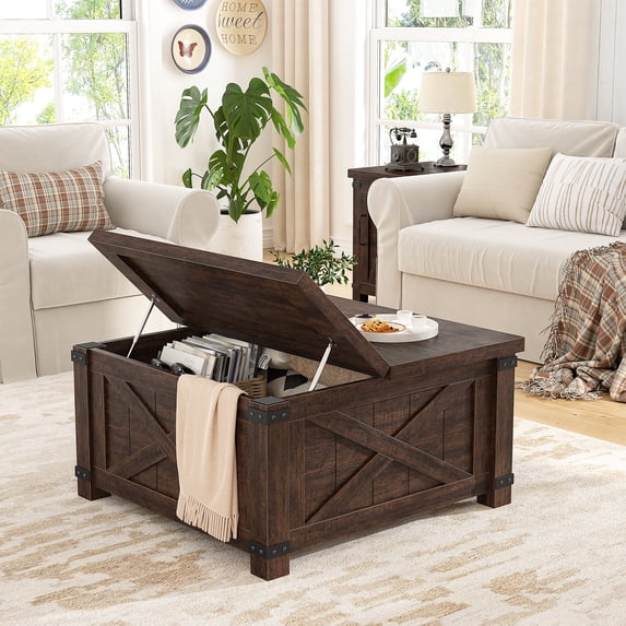 EnHomee 35.6" W Coffee Table with Lift Top Farmhouse Coffee Table with Large Hidden Storage Compartment Wood Square Coffee Table for Living Room Rustic Top Table for Home, Rustic Brown