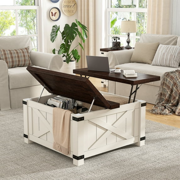 EnHomee 35.6" W Lift Top Coffee Table White Farmhouse Coffee Table with Large Hidden Storage Compartment Wood Square Coffee Table for Living Room Rustic Top Table for Home, White