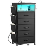 EnHomee 37.5"H Nightstand with Charging Station 5 Drawers LED Nightstands with USB Ports & Outlets Bedside Table with Side Bags&Hooks Fabric Storage Organizer, Black