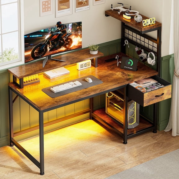 EnHomee 39.4" W Computer Desk with Power Outlets and LED Lights, Rustic Brown Gaming Desk with Drawers, Home Office Desk with Monitor Stand