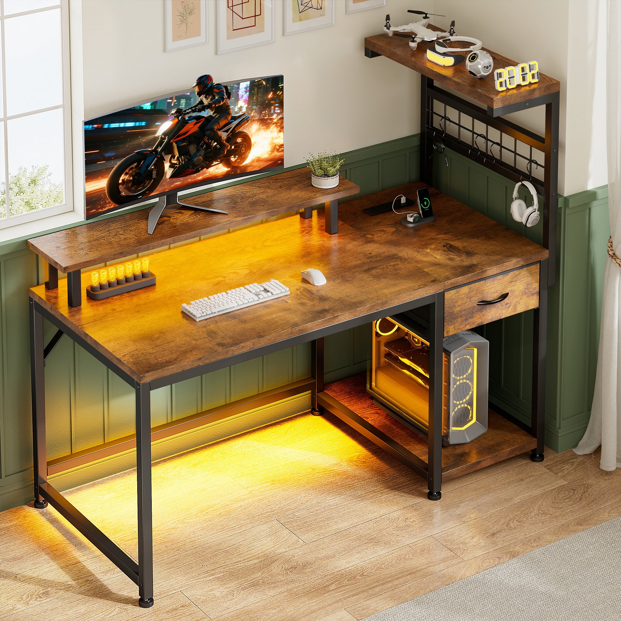 EnHomee 39.4" W Computer Desk with Power Outlets and LED Lights, Rustic Brown Gaming Desk with Drawers, Home Office Desk with Monitor Stand