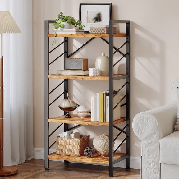 EnHomee 4-Tier Industrial Bookcase with Metal Frame & Side Support, Compact Bookshelf for Bedroom, Home Office, Living Room Storage,Rustic Brown