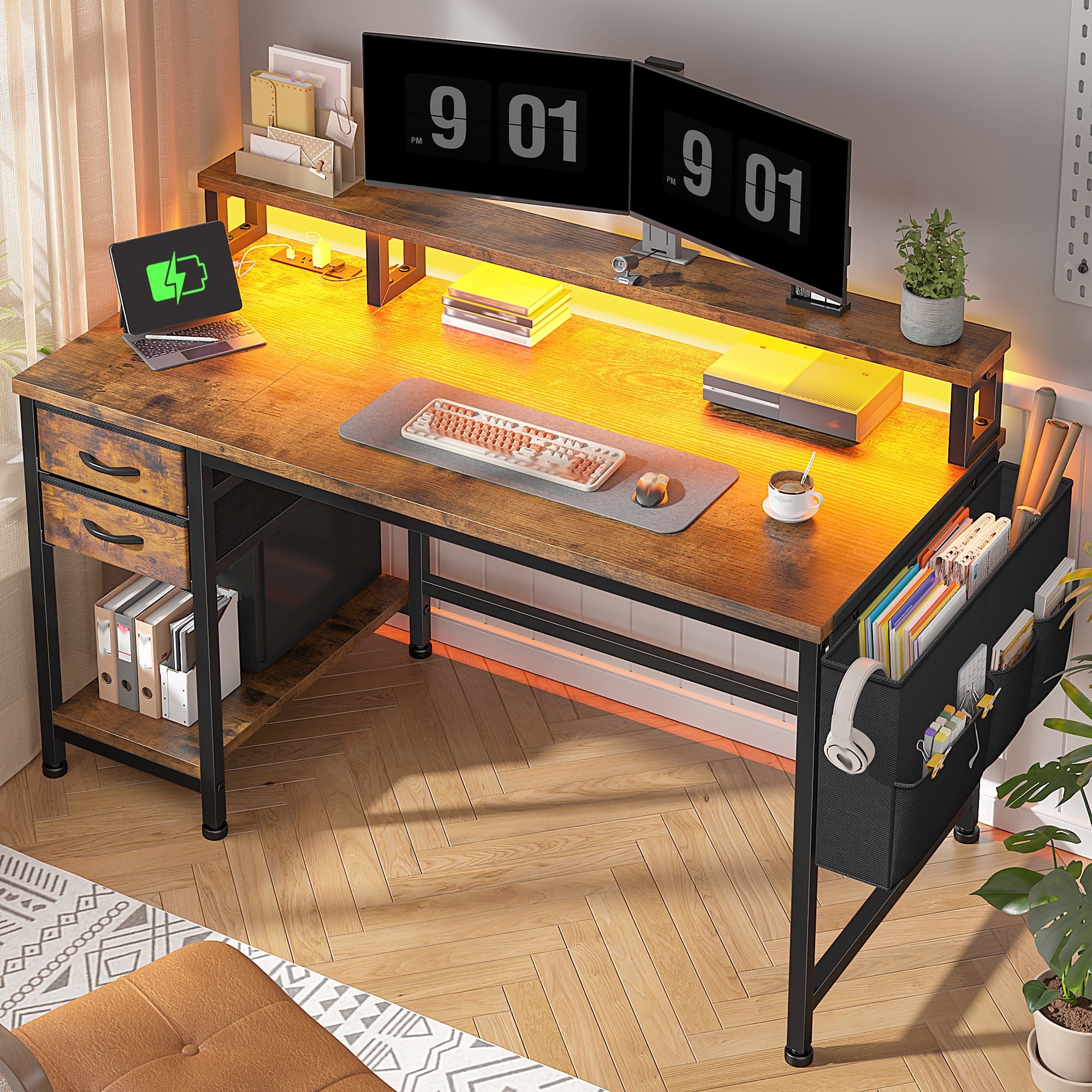 EnHomee 40" Desk with Power Outlets and LED Lights, Computer Desk with Drawers & Storage, Gaming Desk with Monitor Stand, Rustic Brown