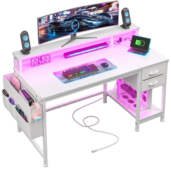 EnHomee 40" Desk with Power Outlets and LED Lights, Computer Desk with Drawers & Storage, Gaming Desk with Monitor Stand, White