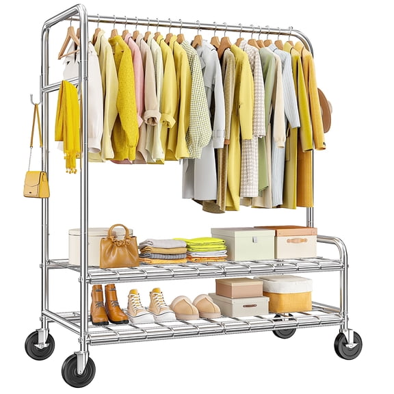420LB Heavy Duty Rolling Clothes Rack with Wheels, Adjustable Garment Rack Storage for Bedside, Laundry, Chrome Finish