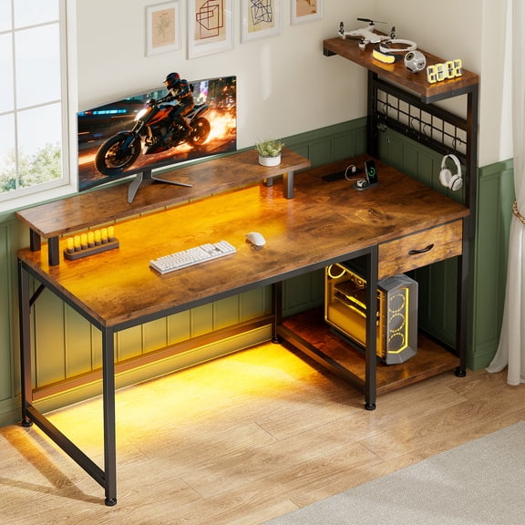 EnHomee 47.2" W Computer Desk with Power Outlets and LED Lights, Rustic Brown Gaming Desk with Drawers, Home Office Desk with Monitor Stand