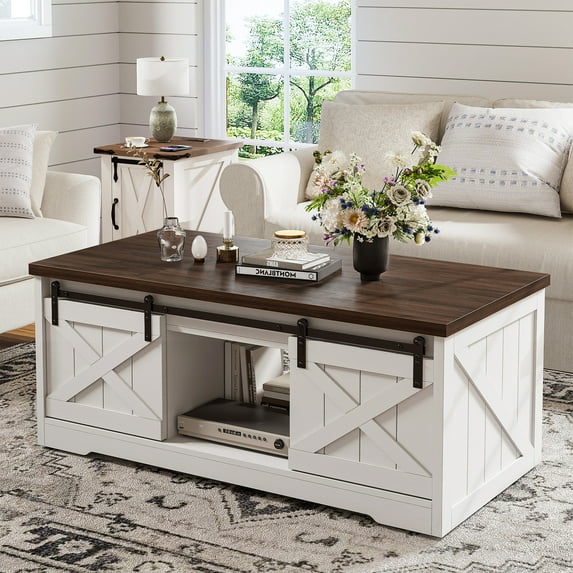 EnHomee 47.2"Lift Top Coffee Table with Storage White Coffee Table with Multiple-Functional Storage & Sliding Doors,Center Table for Living Room