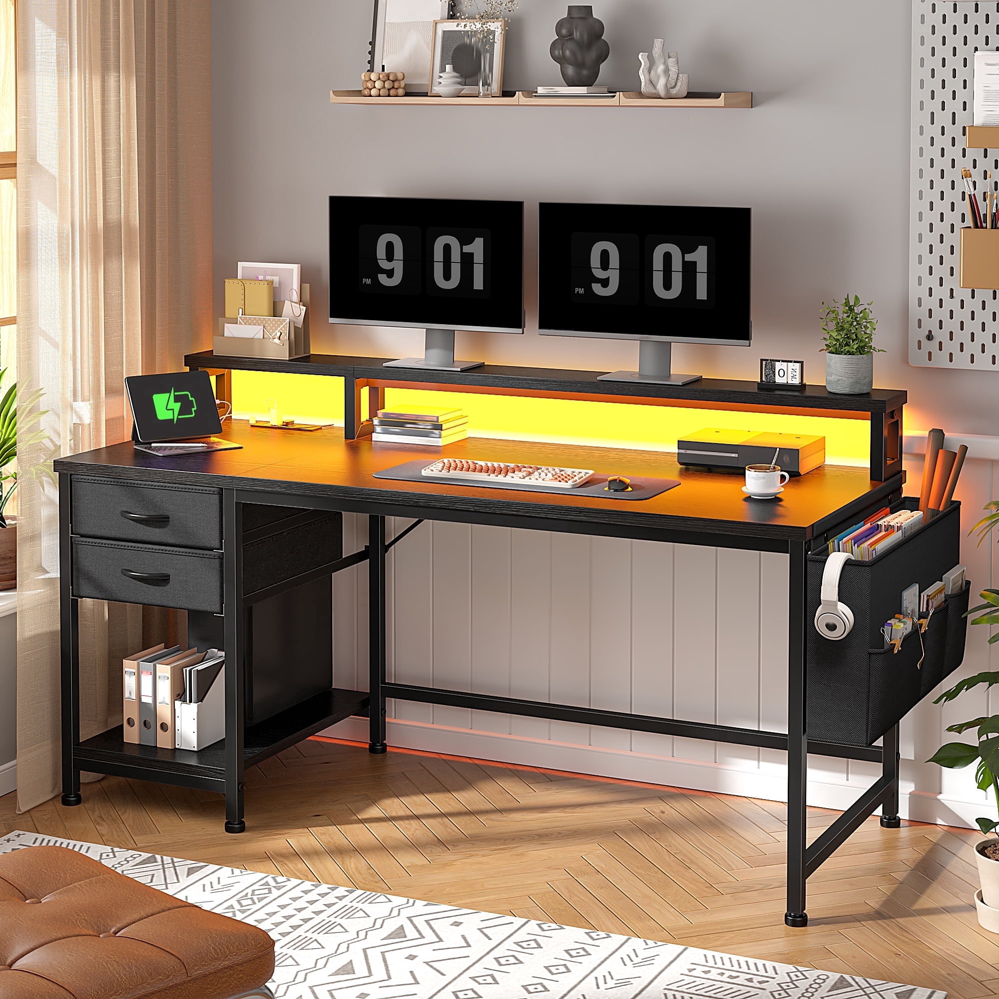 EnHomee 48" Computer Desk with Drawers & Storage, Desk with Power Outlet, Writing Desk with Monitor Stand for Home Office, Black