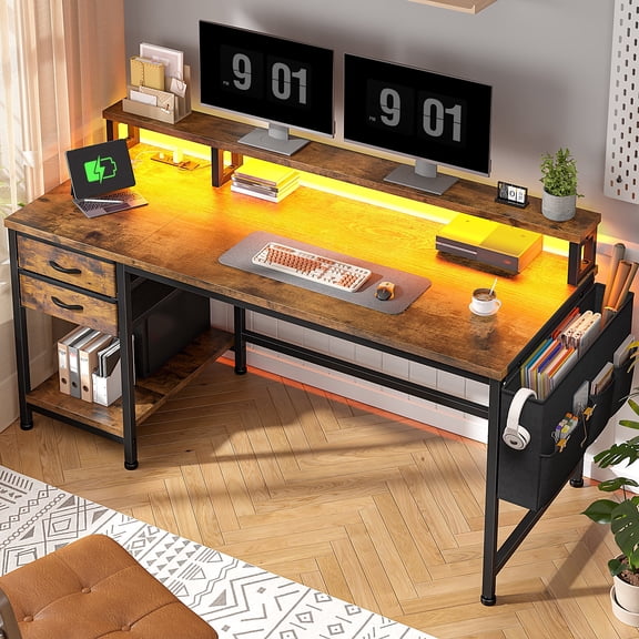 EnHomee 48" Computer Desk with Drawers, Desk with Power Outlet & Storage, Writing Desk with Monitor Stand for Home Office, Rustic Brown