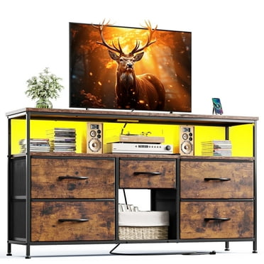 EnHomee 5 Drawers Dresser TV Stand for 50"Inch TV,Wide Dressers for Bedroom with LED Lights & Power Outlets,Rustic Brown