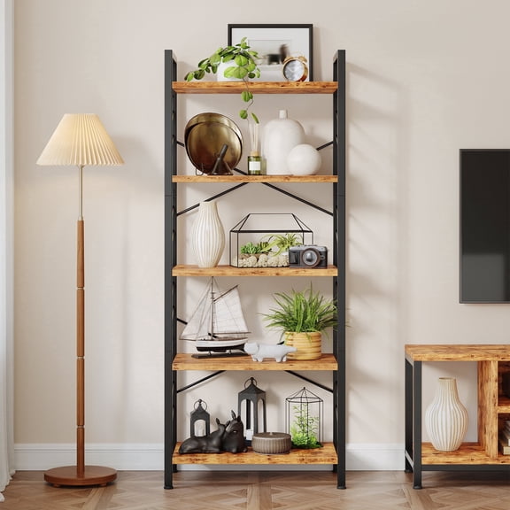 EnHomee 5-Tier Industrial Bookcase with Metal Frame & Side Support,Compact Bookshelf for Bedroom, Home Office, Living Room Storage，Rustic Brown
