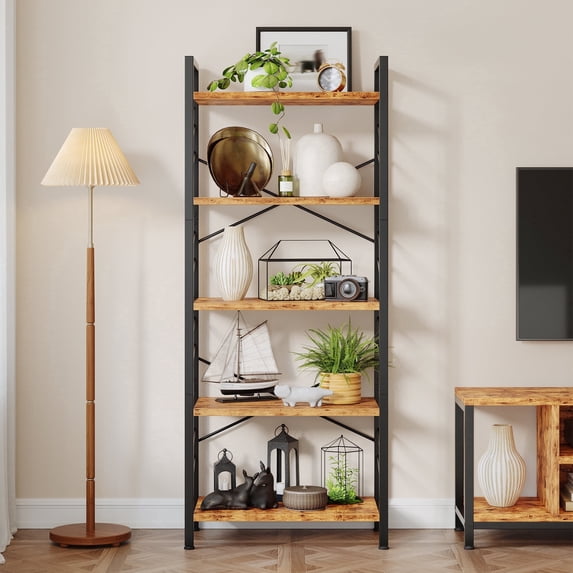 EnHomee 5-Tier Industrial Bookcase with Metal Frame & Side Support,Compact Bookshelf for Bedroom, Home Office, Living Room Storage,Rustic Brown