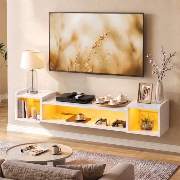 EnHomee 55.1" Wall-Mounted Floating TV Stand with LED Lights & Power Outlets, Entertainment Center for 50/55/60/65 Inch TVs,White Wood Media Console with Storage for Living Room, Bedroom