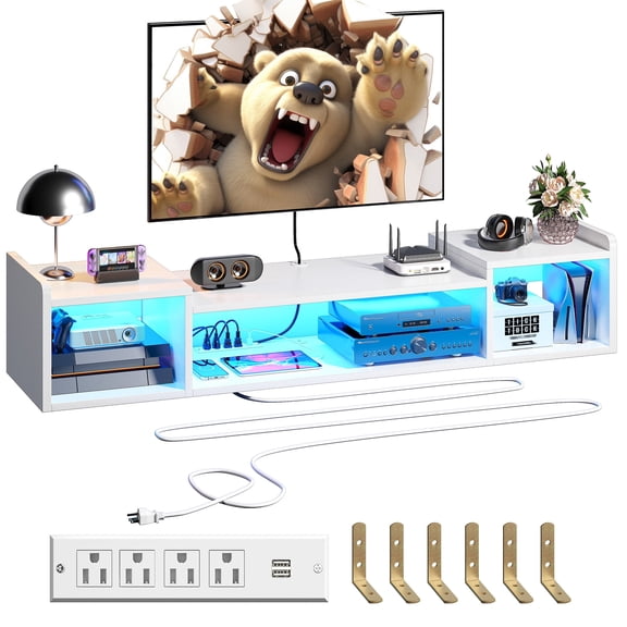 EnHomee 55.1" Wall-Mounted Floating TV Stand with LED Lights & Power Outlets, Entertainment Center for 50/55/60/65 Inch TVs,White Wood Media Console with Storage for Living Room, Bedroom