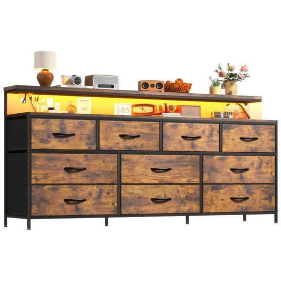 EnHomee 55"Long Dresser for Bedroom 10 Drawers Wide Dresser with LED Nights and Charging Station Fabric Dressers & Chests of Drawers,Rustic Brown