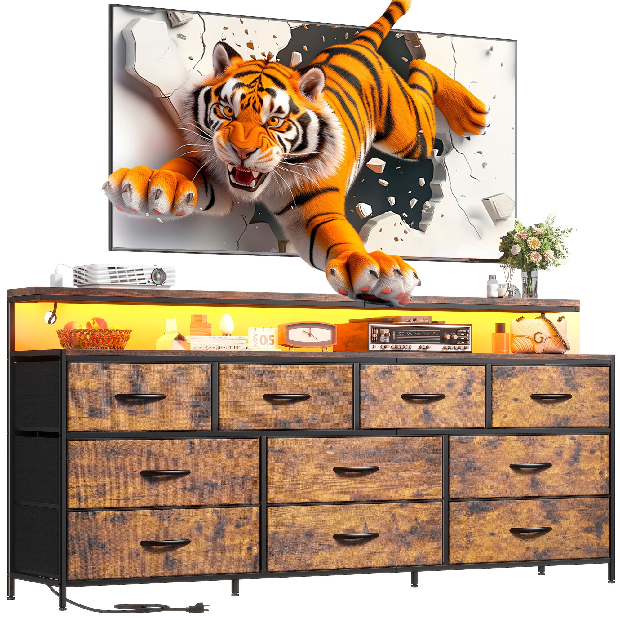 EnHomee 55"Long Dresser for Bedroom 10 Drawers Wide Dresser with LED