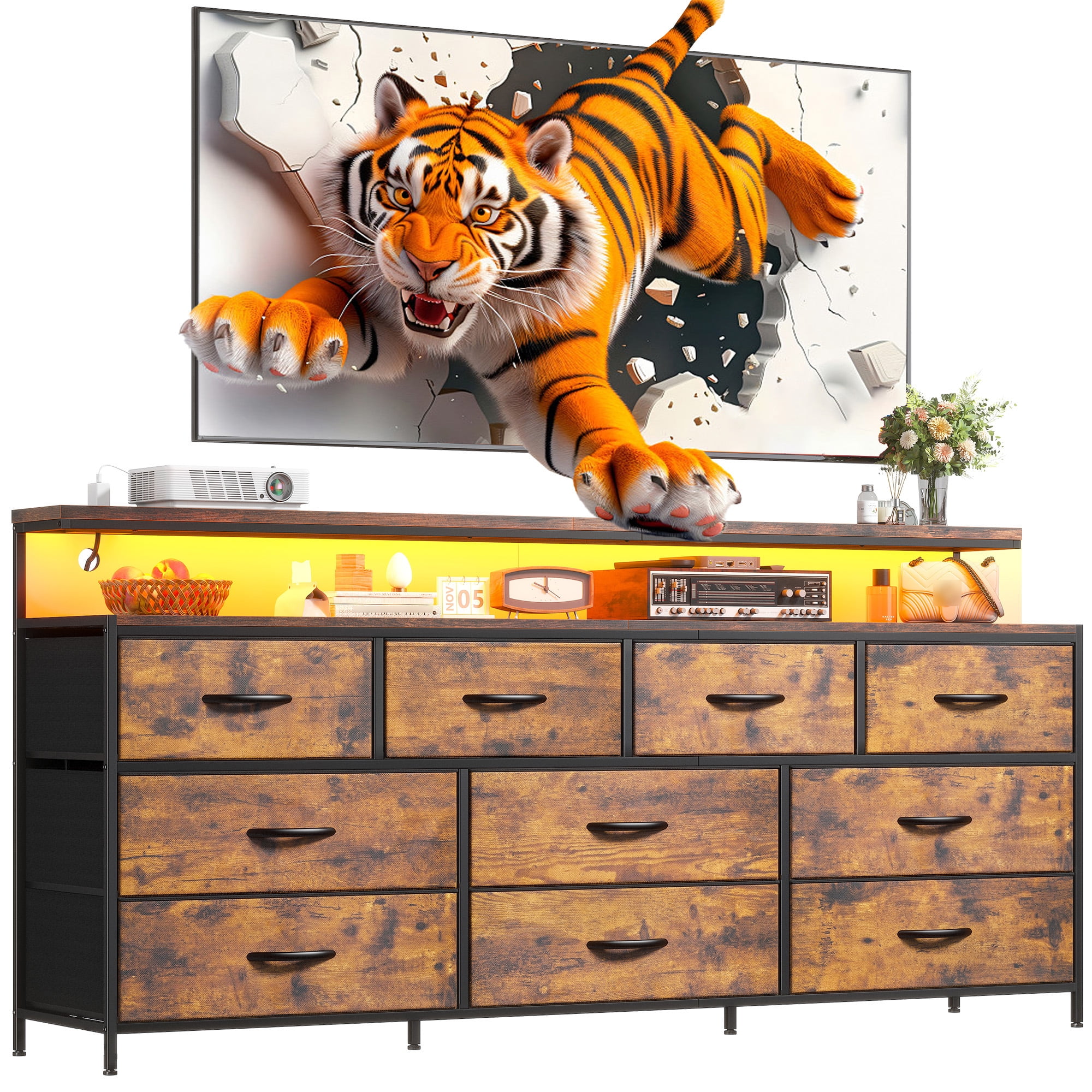 EnHomee 55"Long Dresser for Bedroom 10 Drawers Wide Dresser with LED Nights and Charging Station Fabric Dressers & Chests of Drawers,Rustic Brown