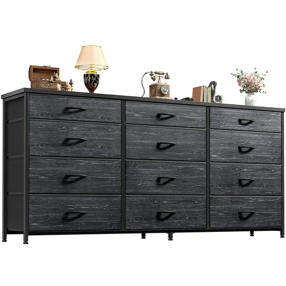 EnHomee 55" Long Dresser for Bedroom with 12 Fabric Drawers TV Stand for 60 inch TV Entertainment Center, Black