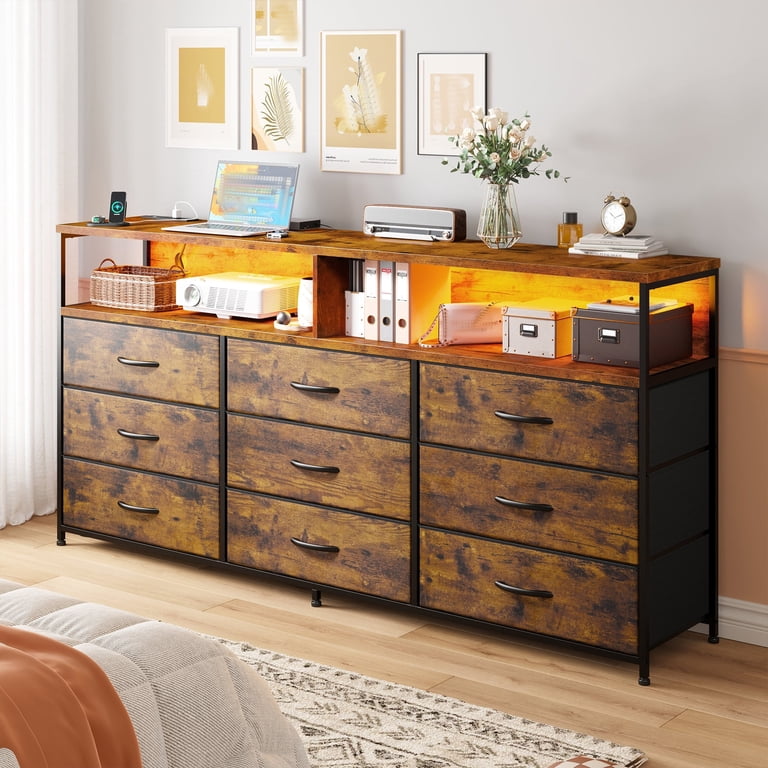 EnHomee 55"" Combo Dresser 9 Drawers, Power Outlet & LED, Suitable for 65""  TV - Rustic Brown" - Walmart.com