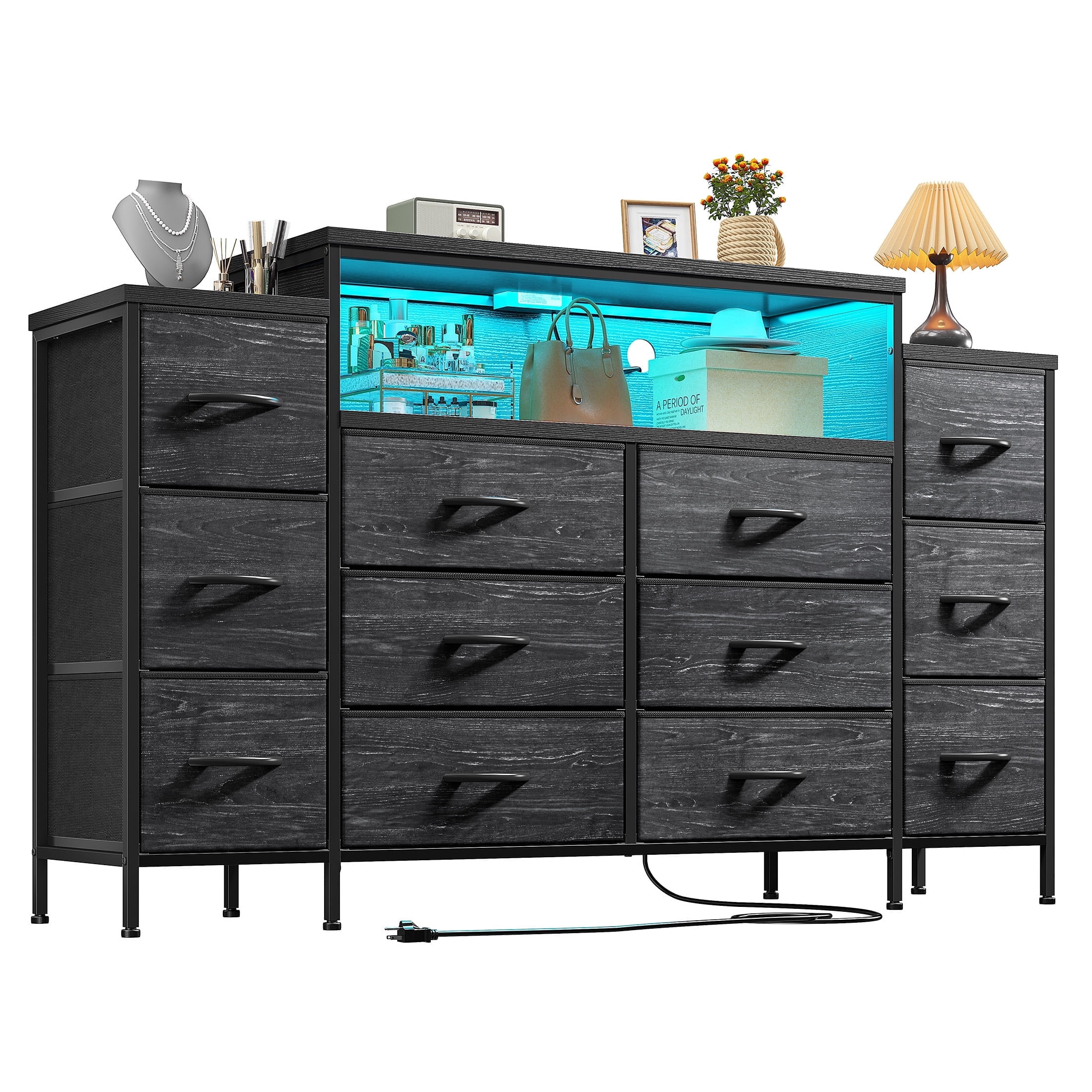 EnHomee 55" W Black Dressers for Bedroom with LED Lights & Charging Station 12 Drawer Fabric Dressers,11.8"D x 33.5"H