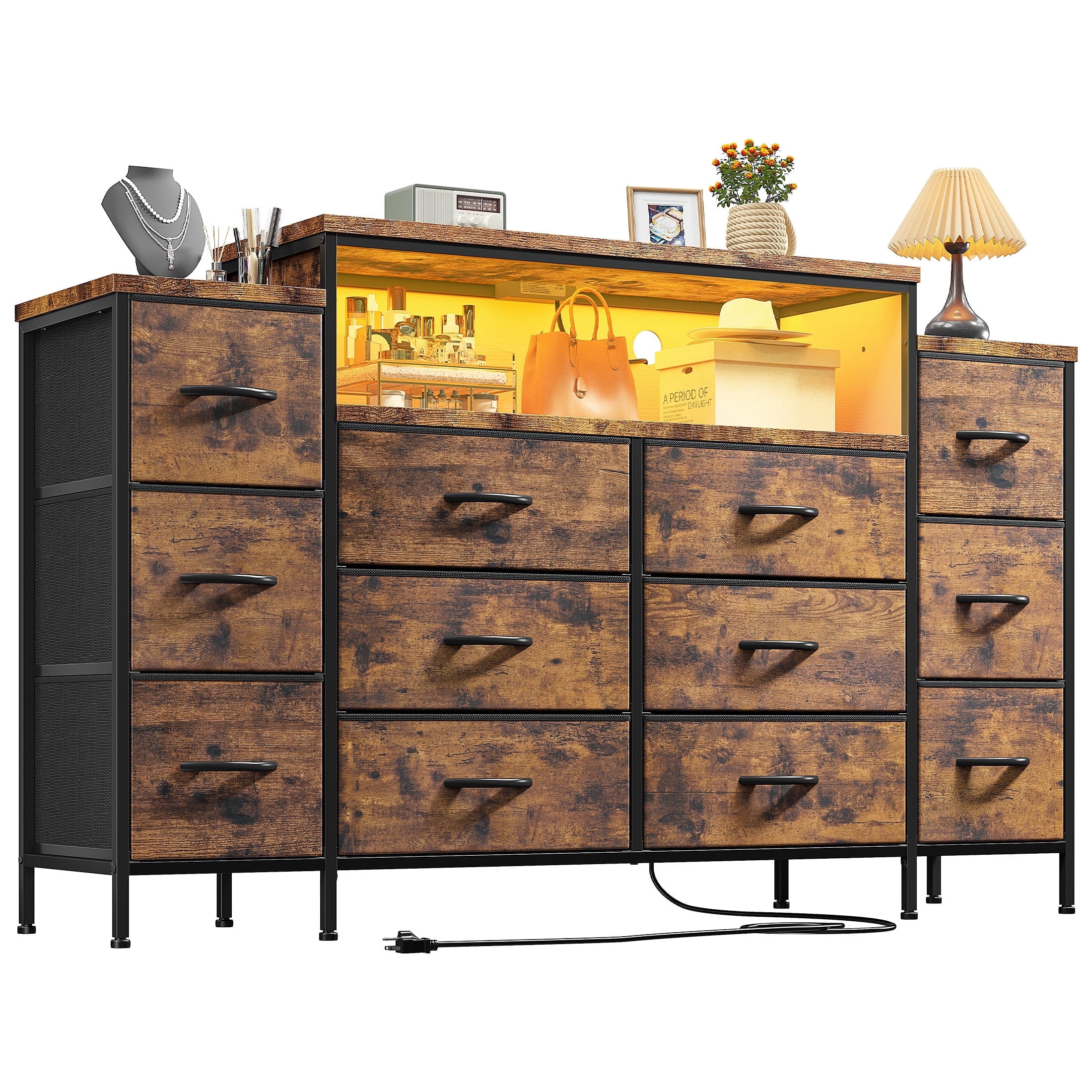 EnHomee 55" W Dresser for Bedroom with LED Lights & Charging Station 12 Drawer Dressers & Chests of Drawers, Rustic Brown