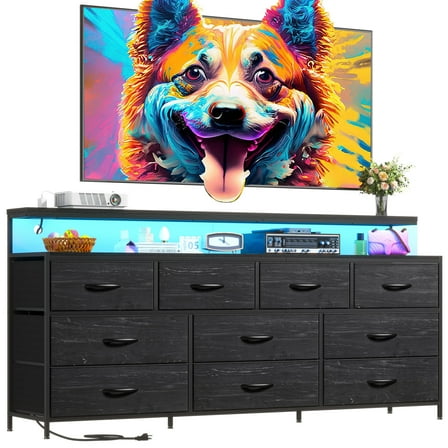 Dresser for Bedroom with 10 Drawers Fabric dresser with LED Lights and Power Outlets,Black