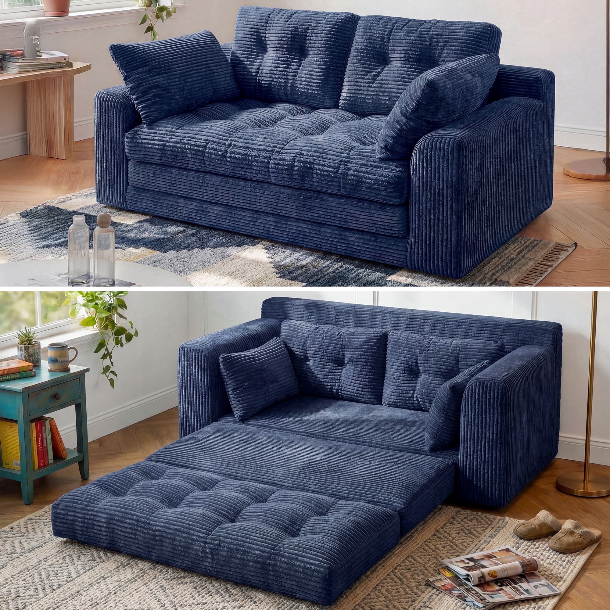 EnHomee 58.6" Foldable Sofa for Adult Loveseat Sofa Couch with Deep Seat Adjustable Floor Sofa Couch with 4 Pillows,Navy Blue