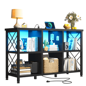EnHomee 6-Cube Storage Organizer with LED Lights & Charging Station, Black Wood & Metal Bookshelf, Multi-Functional Cube Shelf for Bedroom, Home Office & Living Room