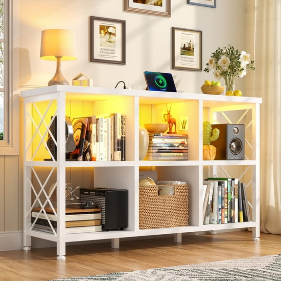 EnHomee 6-Cube Storage Organizer with LED Lights & Charging Station, White Wood & Metal Bookshelf, Multi-Functional Cube Shelf for Bedroom, Home Office & Living Room