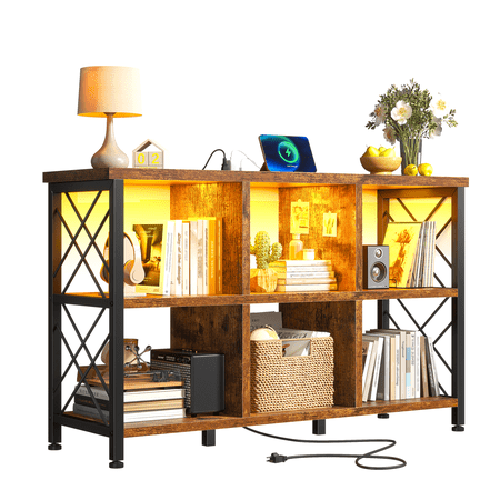 EnHomee 6-Cube Storage Organizer with LED Lights & Charging Station,Wood & Metal Bookshelf, Multi-Functional Cube Shelf for Bedroom, Home Office & Living Room,Rustic Brown