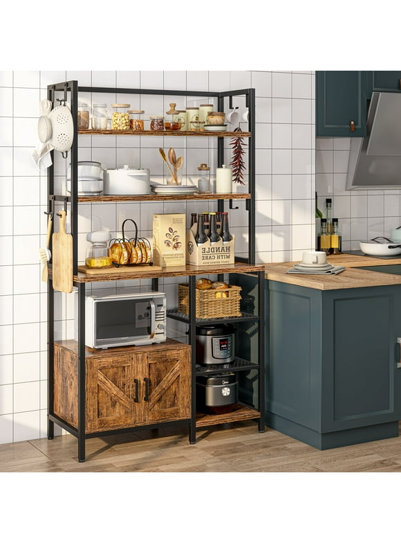 EnHomee 6 Tier Kitchen Bakers Rack Microwave Oven Stand with Storage Coffee Bar with Shelves Cabinet Hooks, Wood and Metal Standing Shelf Unit, 29.5" W * 13.9" D * 63" H Rustic Brown